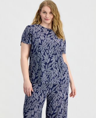 Plus Size Tulip-Sleeve Top & Wide-Leg Cropped Pull-On Pants