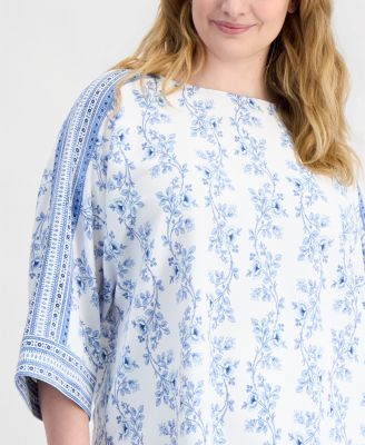 Plus Size Printed Boat-Neck 3/4-Sleeve Top