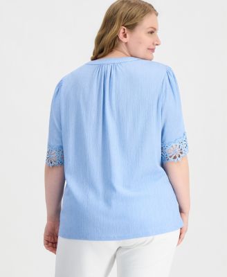 Plus Size Split-Neck Lace-Trim Elbow-Sleeve Top