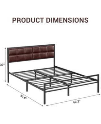 Queen Upholstered Metal Bed Frame with Square-Stitched Headboard, Faux Leather Platform Bed with Steel Slats Support, Box Spring Optional