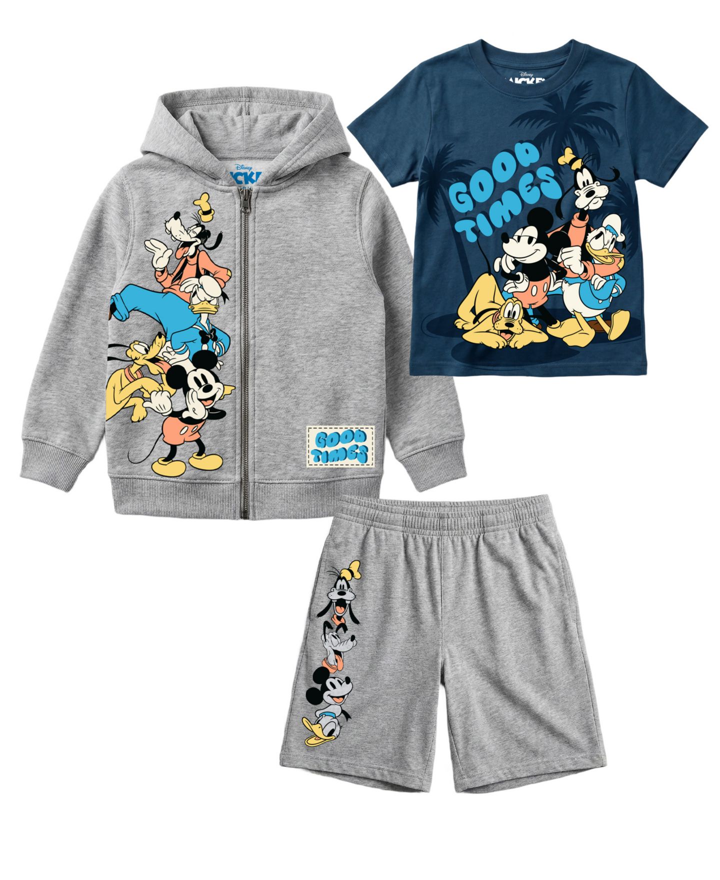 Детский комплект Mickey Mouse из 3 предметов: футболка, свитшот и шорты с принтом, 2T-7, цвет: Серый / Синий — фото 1