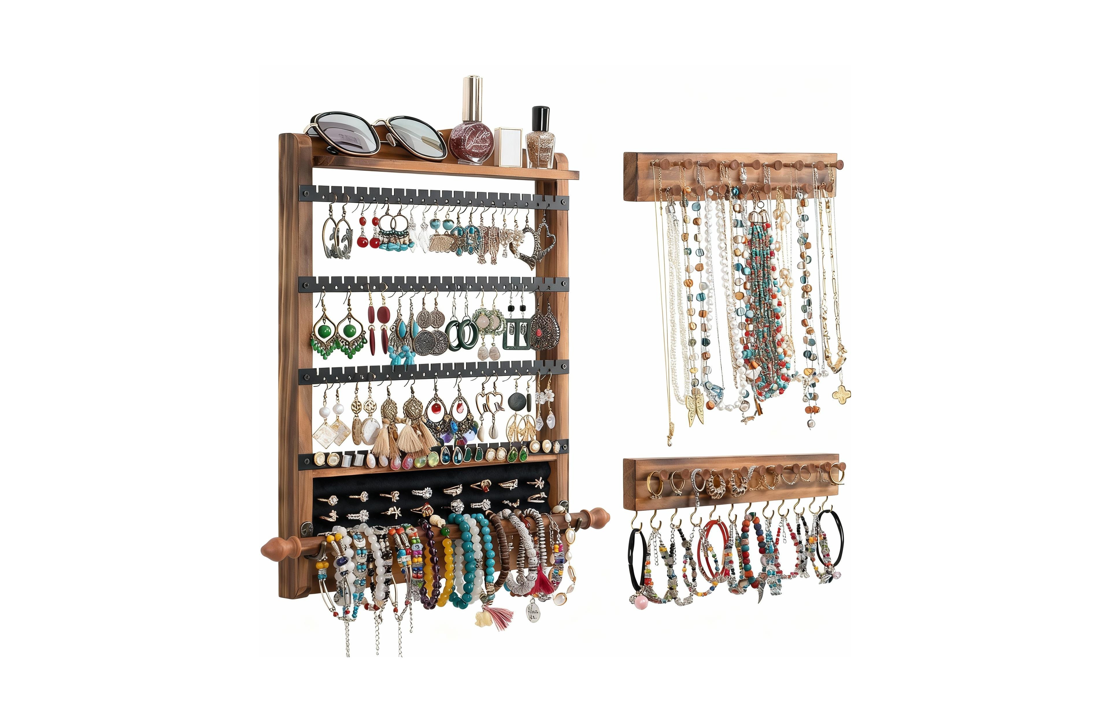 Yigii Antique Wood Wall Organizer Set: Earring, Necklace, Bracelet Holders & Shelf