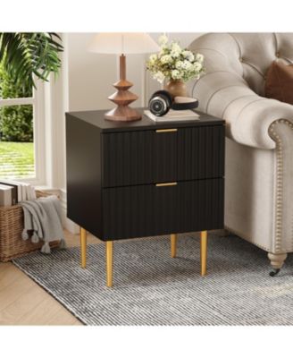 Charging Station & 2 Drawers, Wood Bedside Table with USB Ports & Outlets - Modern Fluted Nightstand