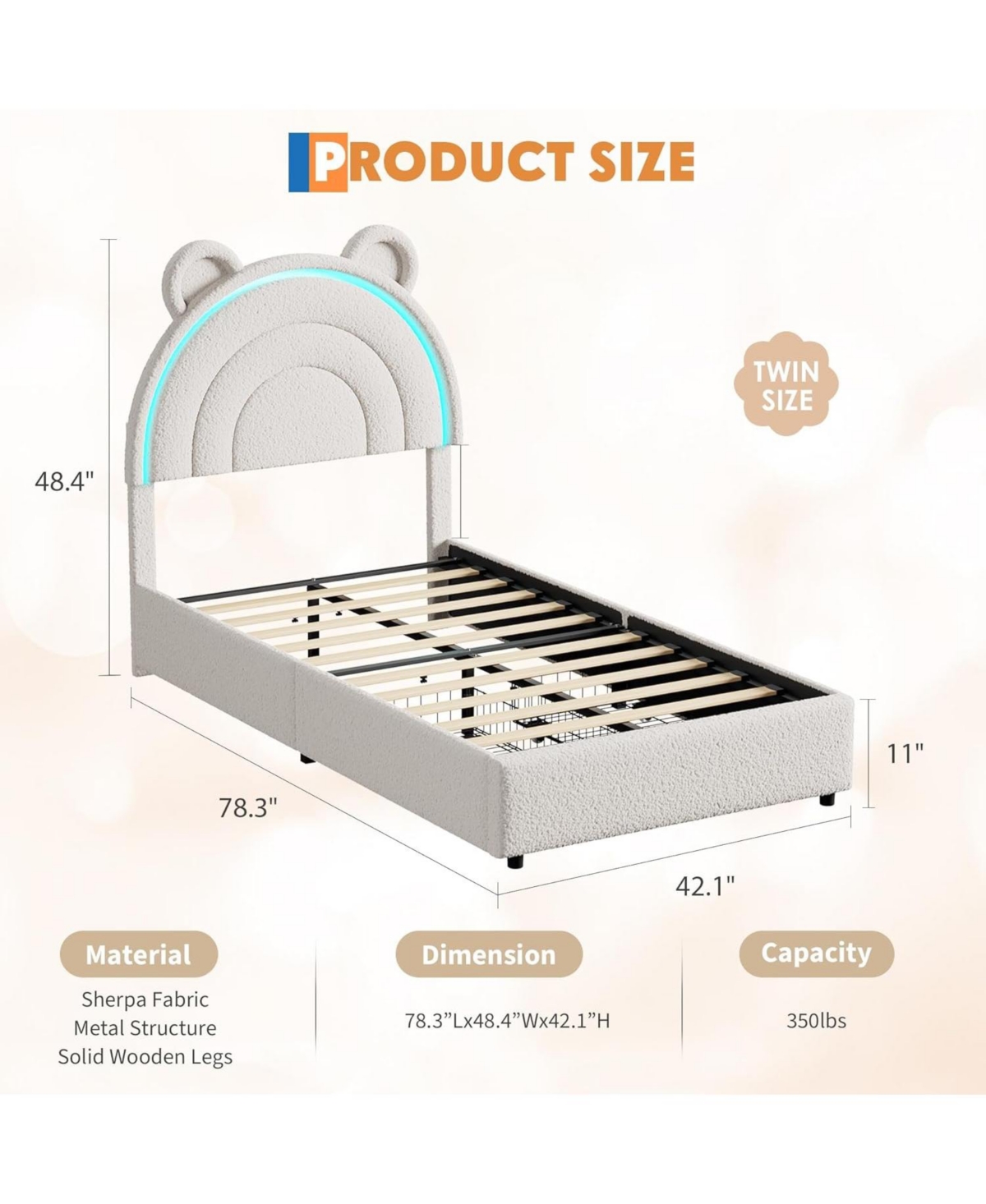 gaomon Twin Size Bed Frame with 2 Storage Drawers, Velvet Upholstered Platform Bed with Rainbow Headboard for Kids, Solid Wood Slats Support