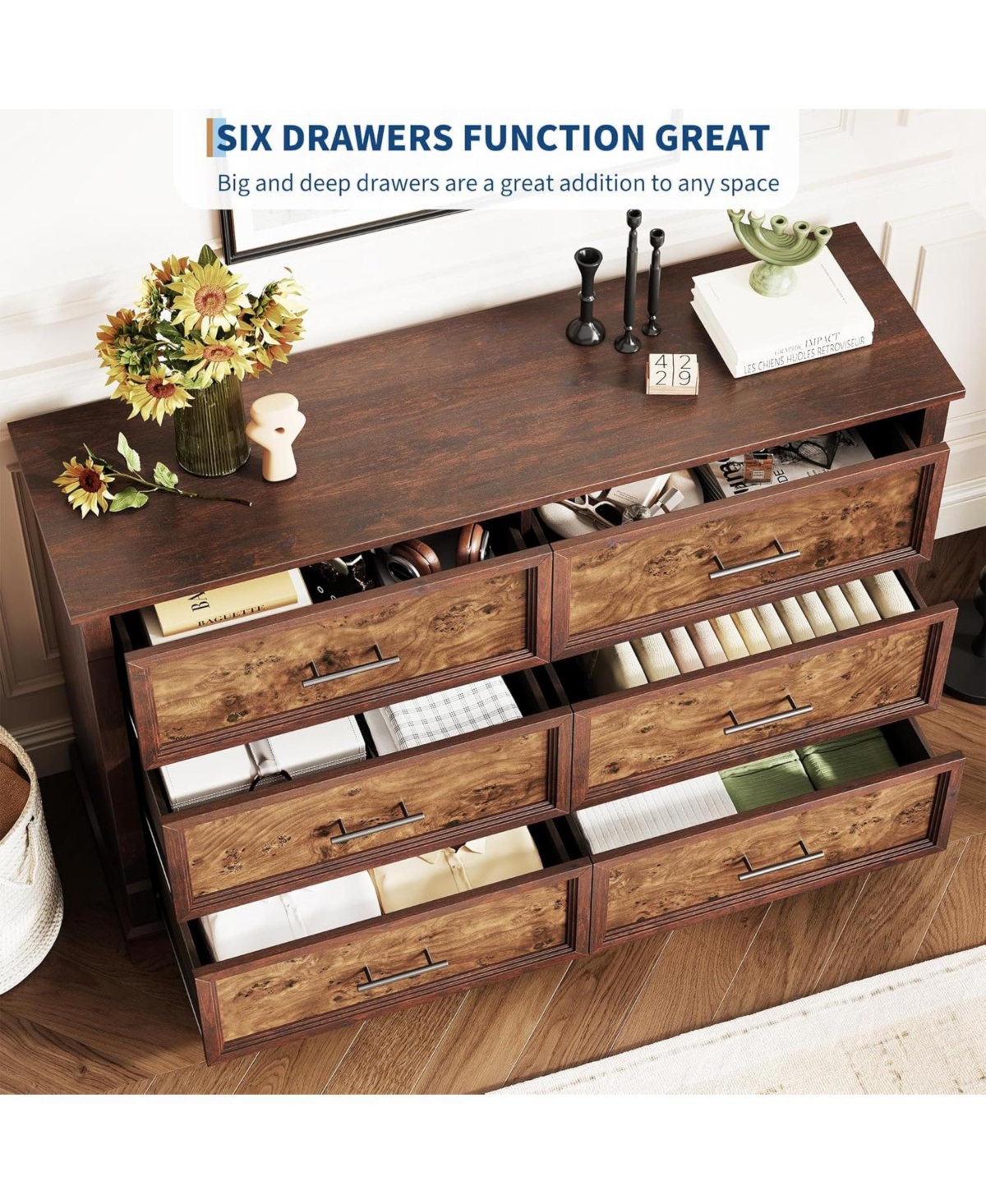 gaomon 6 Drawer Dresser for Bedroom, Farmhouse 47.2" Wide Chest of Drawers with Metal Handles, Rustic Double Wood Dresser, Storage Dressers Organ
