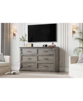 Grey 6 Drawer Dresser for Bedroom, 47.2'' Farmhouse Chest with Metal Handles, Rustic Wood Storage Organizer