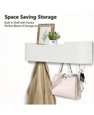 Solid Wood Wall Shelf with Hidden Hooks for Coats, Hats, Bags, Towels