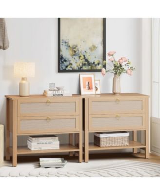 Rattan Night Stand Set of 2, Boho Night Stand with 2 Rattan Drawers, Large Bedside Table Side Table