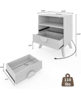 Fluted Night Stand Set of Wood Tall Nightstands with Charging Station, End Table with 2 Drawers