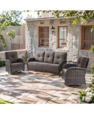 4-Piece Brown Wicker Patio Conversation Set with Olefin Cushion and Patio Swivel Chairs