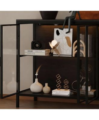 LED Illuminated Sideboard with Clear Shelves and Metal Frame for Living Room