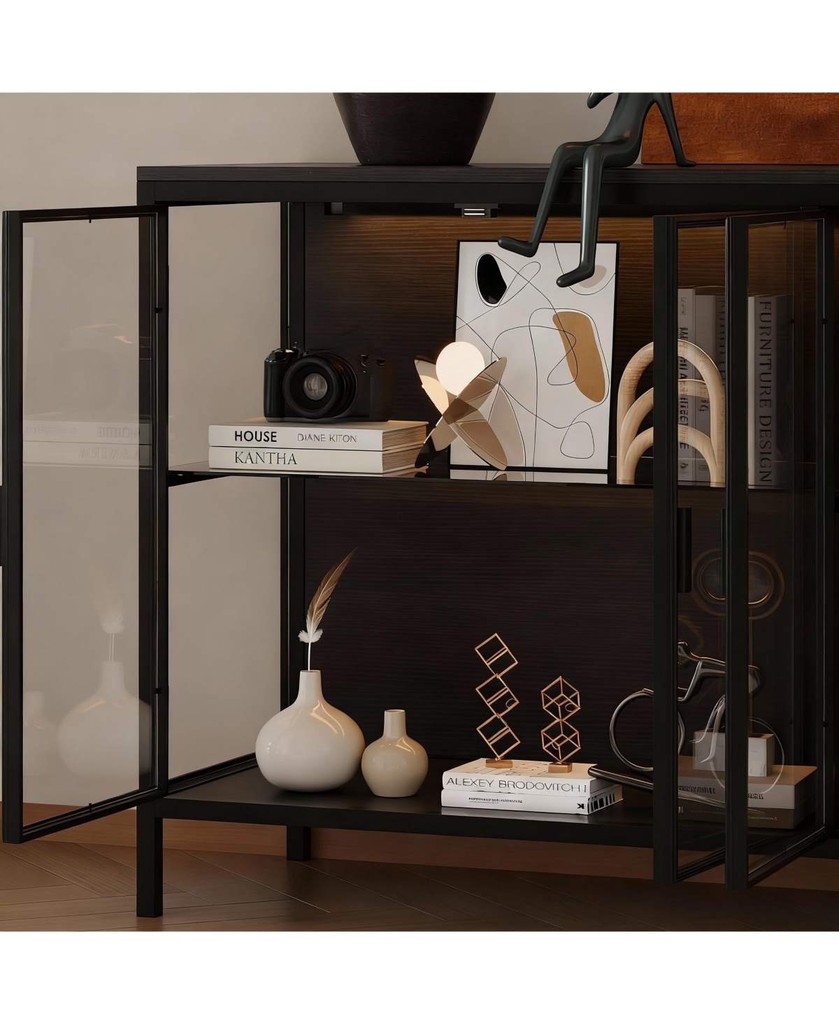 Yigii Led Illuminated Sideboard with Clear Shelves and Metal Frame for Living Room