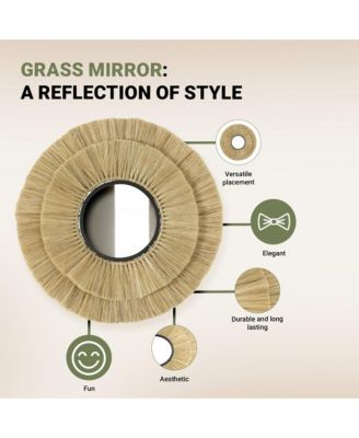| Round Rattan Wall Mirror | Hanging Straw Boho Style Decorative Mirror, Pure Finish, Wall Mounted for Living Room & Bedroom