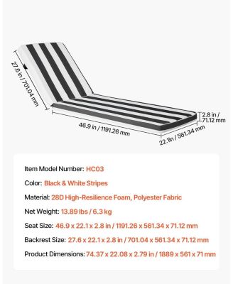 74 x 22 x 3 in Chaise Lounge Cushion Set of 2, Waterproof Fade-Resistant Sun Lounger Cushions with Ties