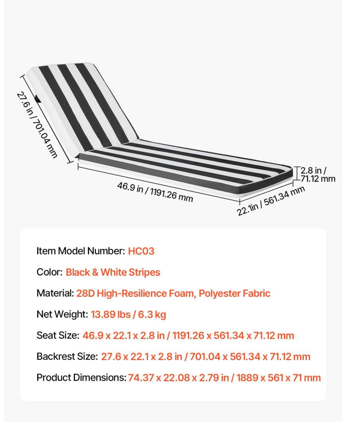 Mecale 74 x 22 x 3 in Chaise Lounge Cushion Set of 2, Waterproof Fade-Resistant Sun Lounger Cushions with Ties