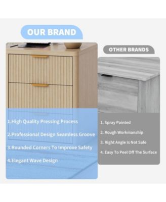 Fluted Nightstand with Charging Station, Bedside Table with 3 Drawers Storage Space.