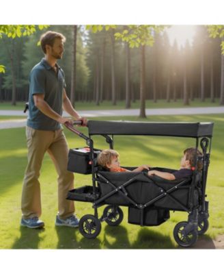 Wagon Stroller for 2 Kids, Collapsible Push Pull Quad Stroller with Adjustable Handle, Harness, Removable Canopy, 4 Wheels with Brakes