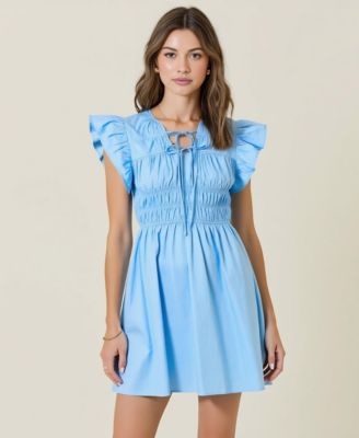 Women's Smocked Ruffle Sleeve Front Tie Mini Dress
