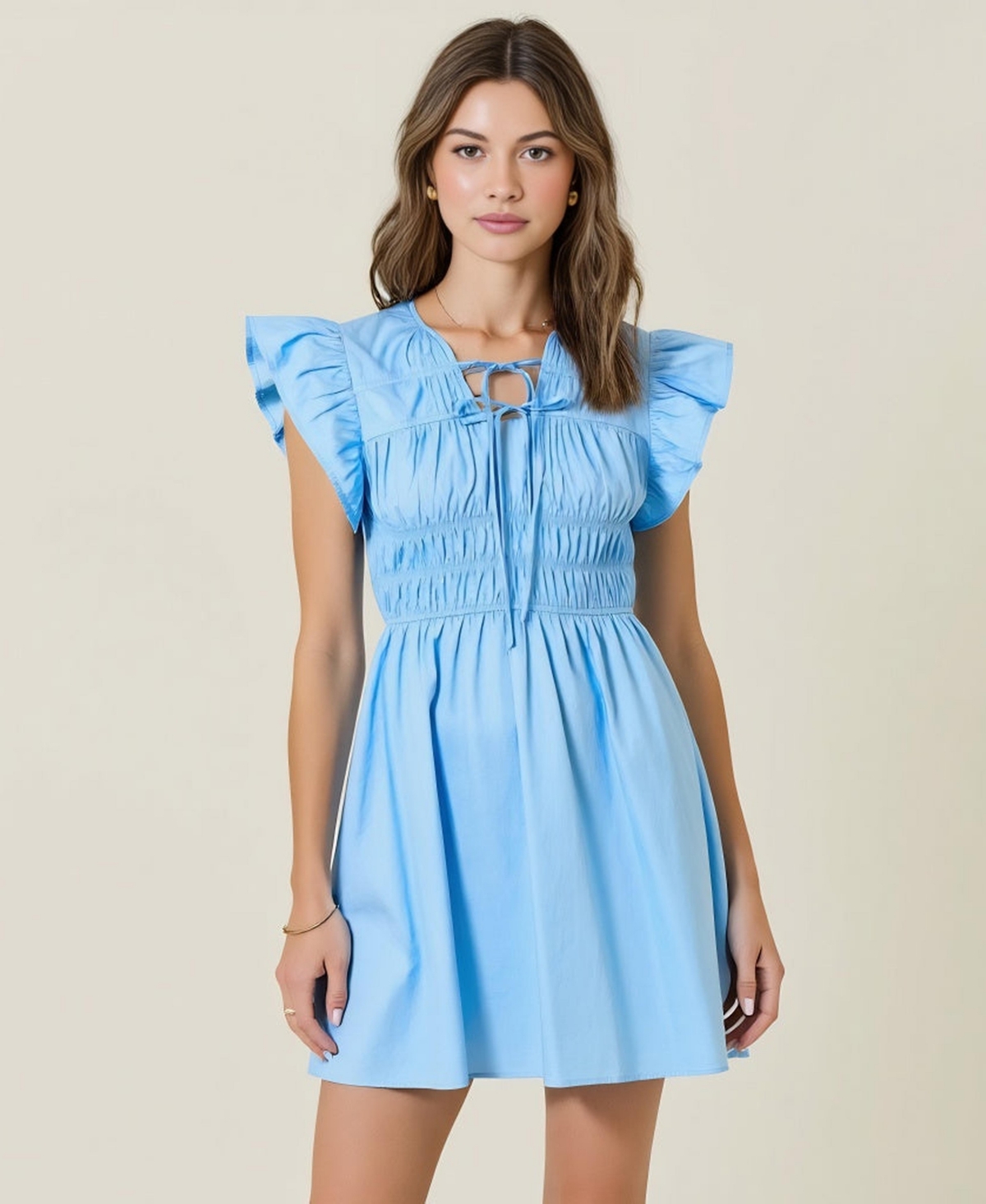 Modenaire Women's Smocked Ruffle Sleeve Front Tie Mini Dress