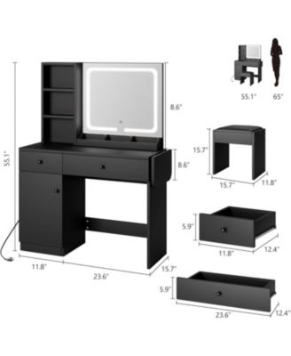 Makeup Vanity Desk with Mirror and Lights - Vanity Table Set with Drawer/Power Outlet/Storage Chair/3 Shelves for Bedroom