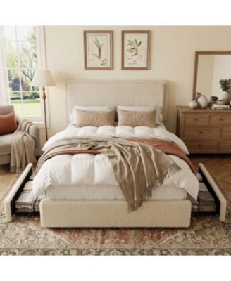 Teddy Fleece Bed Frame, Cloud Cream Bed Frame with 2 Storage Drawer and Adjustable Headboard, Soft Teddy Fabric