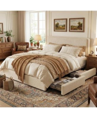 Teddy Fleece Bed Frame, Cloud Cream Bed Frame with 2 Storage Drawer and Adjustable Headboard, Soft Teddy Fabric