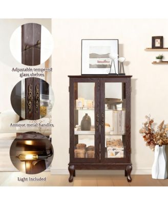 Antique Display Cabinet with Lighted Glass Doors and Mirrored Panel