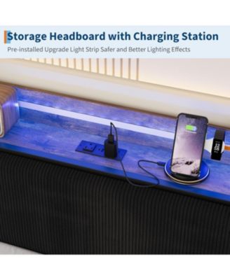 Daybed with Trundle & LED Light, Sturdy Metal Frame, Corduroy Headboard, USB Charging