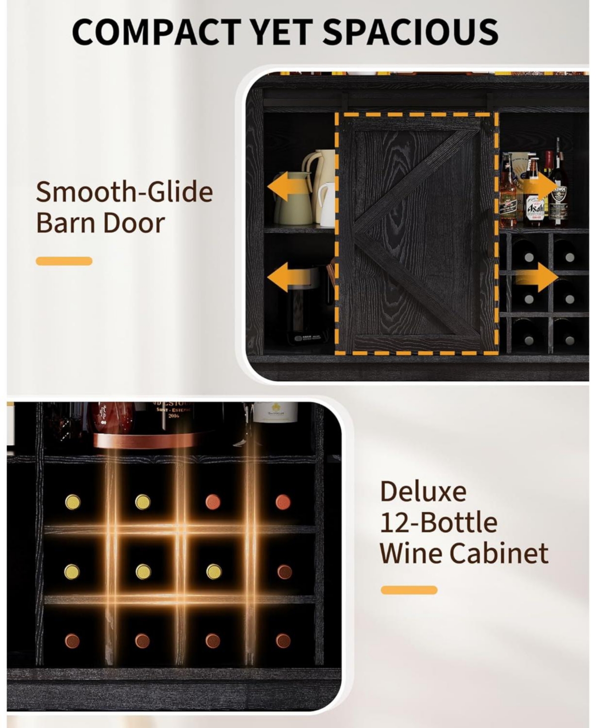 gaomon 55in Coffee Bar Cabinet Power Outlet and Led Light Removable 12Bottle Wine Rack Sliding Barn Door Buffet Cabinet for Home