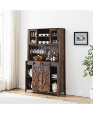 Rustic 70 Inch Tall Farmhouse Coffee Bar Cabinet with Sliding Barn Doors Ample Storage Shelves Wine Racks and Glass Holder