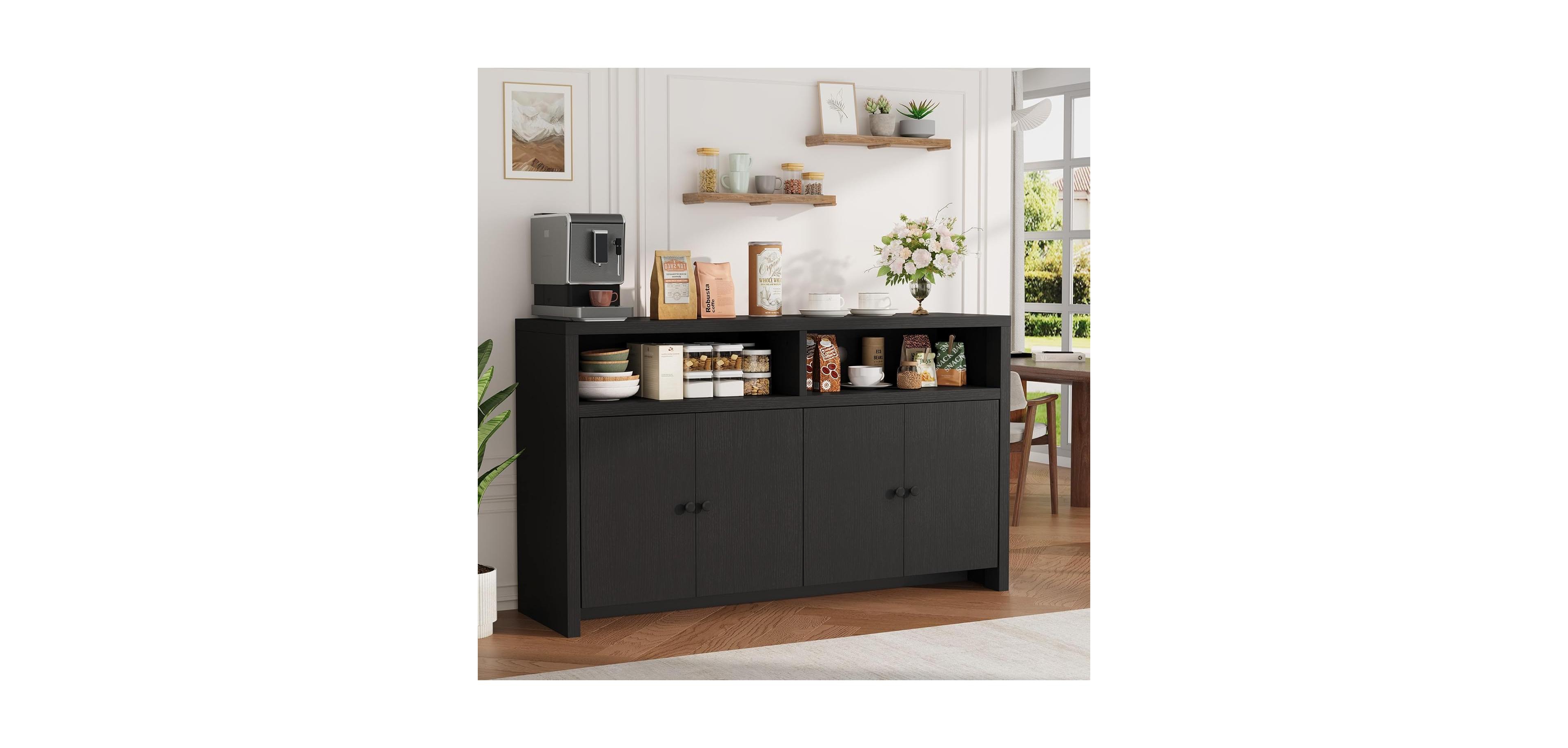 gaomon 55" Farmhouse Buffet Sideboard Cabinet, Large Wood Storage with 4 Doors and Adjustable Shelves, Coffee Bar for Kitchen, Dining Room