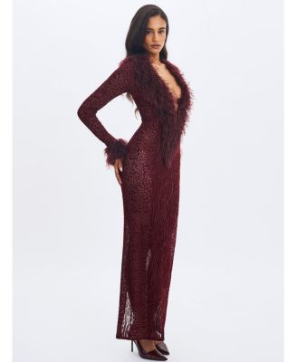Women's Luana Burgundy Plunging Fur Trimmed Crochet Maxi Dress