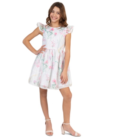 Платья Rare Editions Girls' 7-16 Floral Windowpane Crochet Round Neck Dress