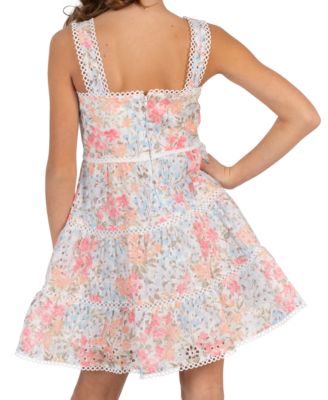 Girls' 7-16 Floral Eyelet Trimmed Square Neck Dress