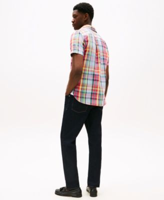 Men's Linen Madras Plaid Short-Sleeve Shirt