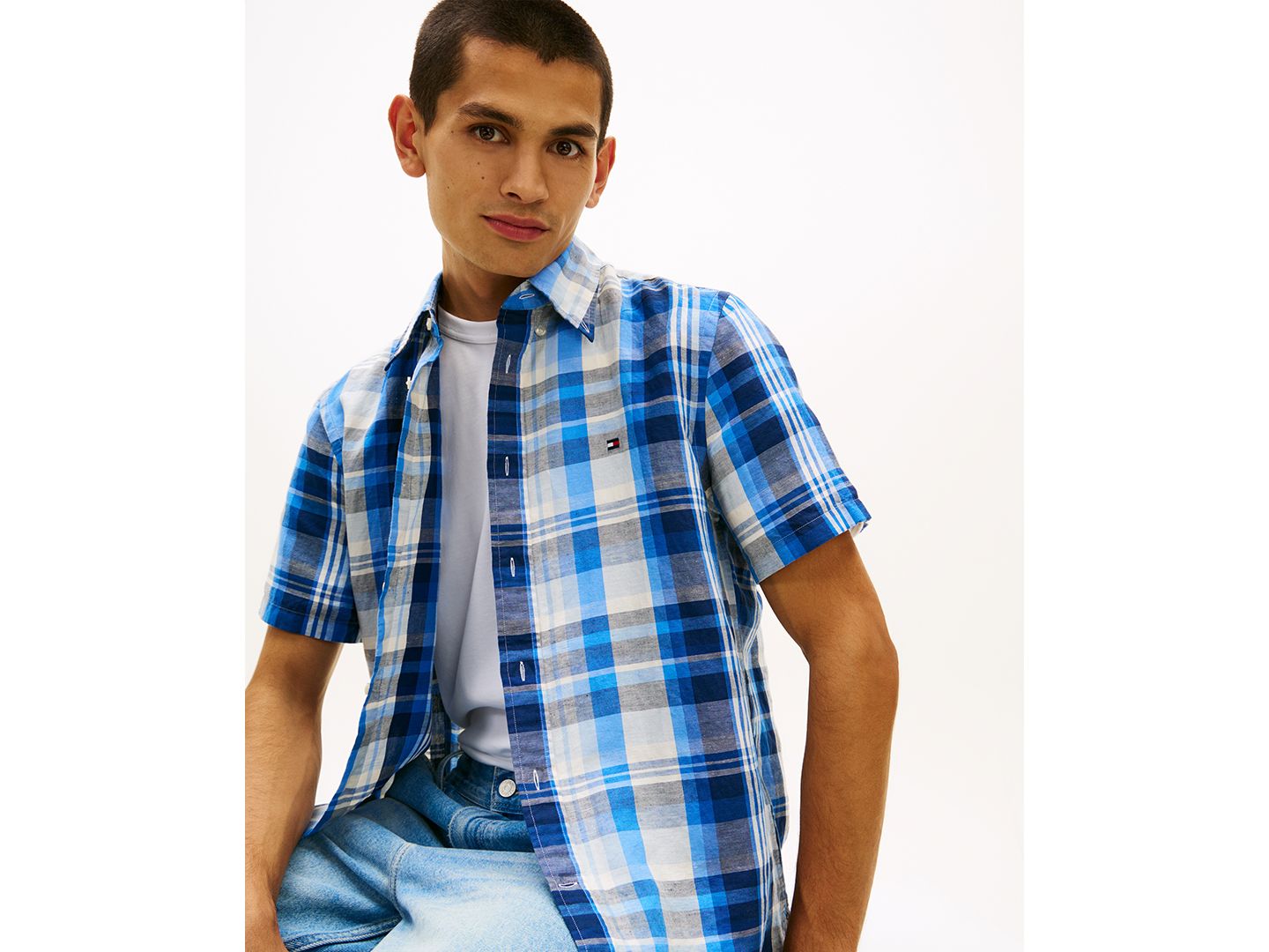 Мужская рубашка Tommy Hilfiger Check Plaid Linen-Blend Short-Sleeve, цвет: Тёмно-синий / Клетчатый — фото 3