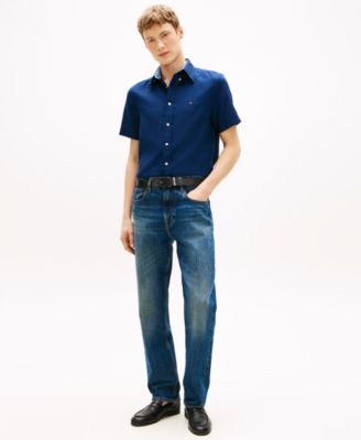 Men's Short-Sleeve Pigment-Dyed 100% Linen Button-Front Shirt