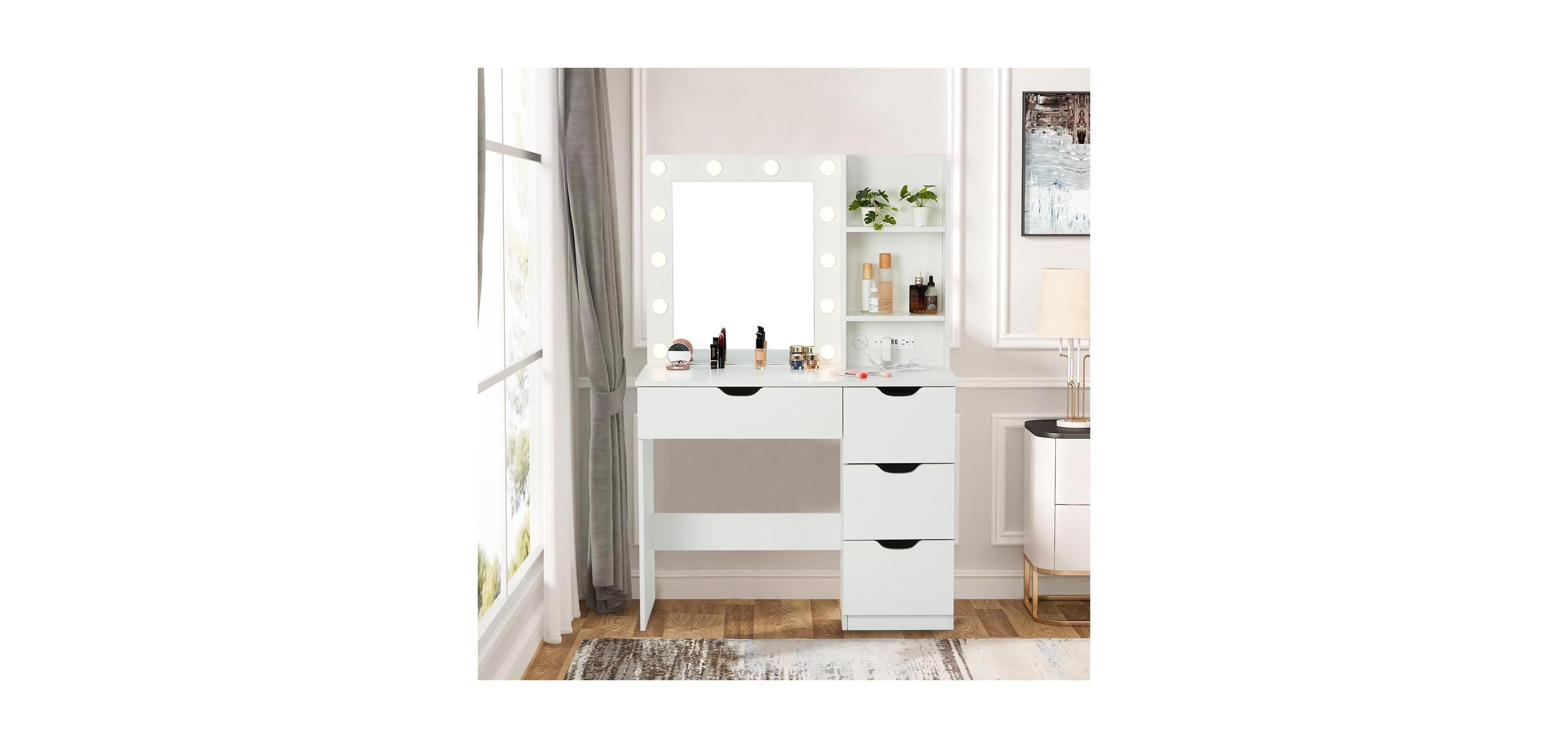 gaomon Vanity Desk Table with Mirror/Charging Station/3 Lighting Modes Adjustable Brightness Lights