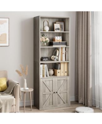 Industrial Bookcase with Doors – 6-Shelf Farmhouse Wooden Bookshelf, 11.8" Deep Display Storage Shelves for Bedroom, Living Room