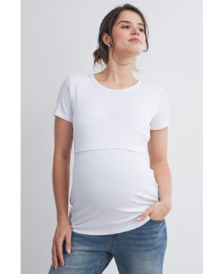 Maternity Nursing Ribbed Short-Sleeve Crewneck Top with Lift-Up Panel