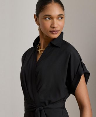 Women's Belted Crepe Surplice Neck Dress