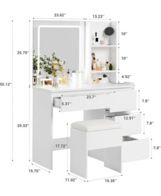 Vanity Desk with Mirror and Lights - Modern Makeup Dressing Table with Outlets/Storage Stool/4 Drawers and Hair Dryer Holder