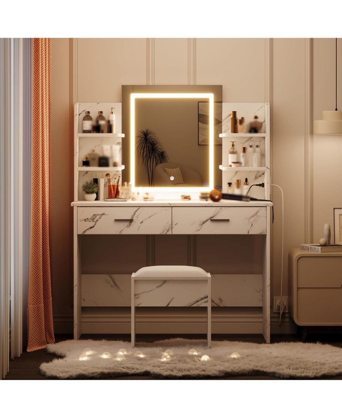 gaomon Vanity Desk with Lighted Mirror - Makeup Vanity Set with Power Outlet/Cushioned Stool