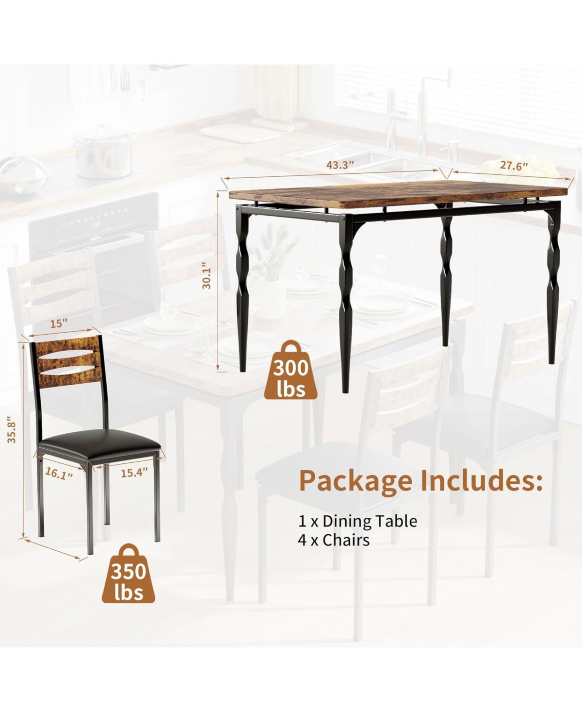 gaomon 5 Piece Dining Table Set Industrial Style Dining Table and Chairs Set for 4 Kitchen Table Set for Dining Room Kitchen Apartment