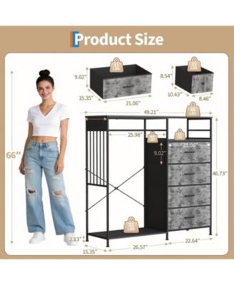 6 Drawers Dresser for Bedroom with Hanging Rack, LED Lights & Charging Station, Wooden Top Storage Chest of Drawers with Charging Station