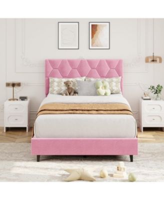 Pink Twin Bed Frame with Upholstered Headboard, Heavy-Duty Platform Bed Frame with Strong Wood Slats, No Box Spring Needed