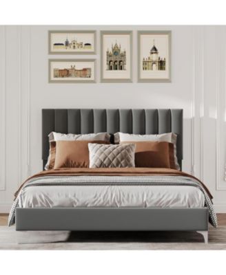 Size Fabric Upholstered Headboard Bed Frame, Adjustable Headboard and Wooden Slats Support with Under Space, Fully Upholstered Mattress