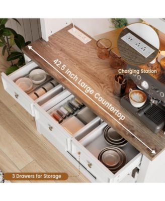 72" modern farmhouse coffee bar cabinet with LED lights, power outlets, sliding barn doors, wine storage, and ample space in rustic