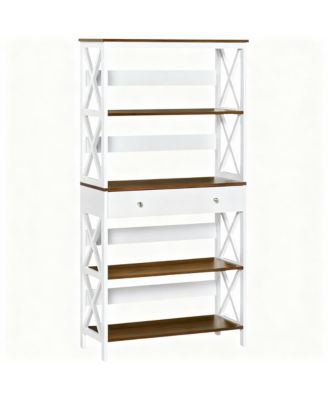 4-Tier Walnut & White Bookshelf with Drawer and Stability