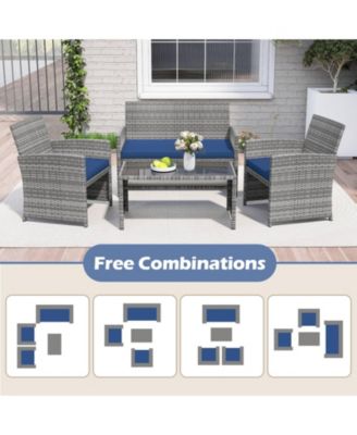 4 Piece Patio Furniture Set Outdoor Wicker Conversation Set w/ Tempered Glass Coffee Table